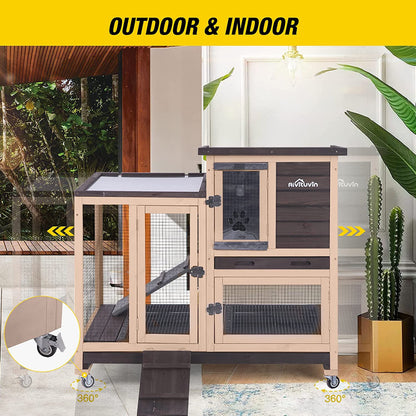 Wooden Rabbit Hutch with Two Slide Tray Outdoor Bunny Cage Indoor Guinea Pig Habitat Pet House for Small Animals - Coffee