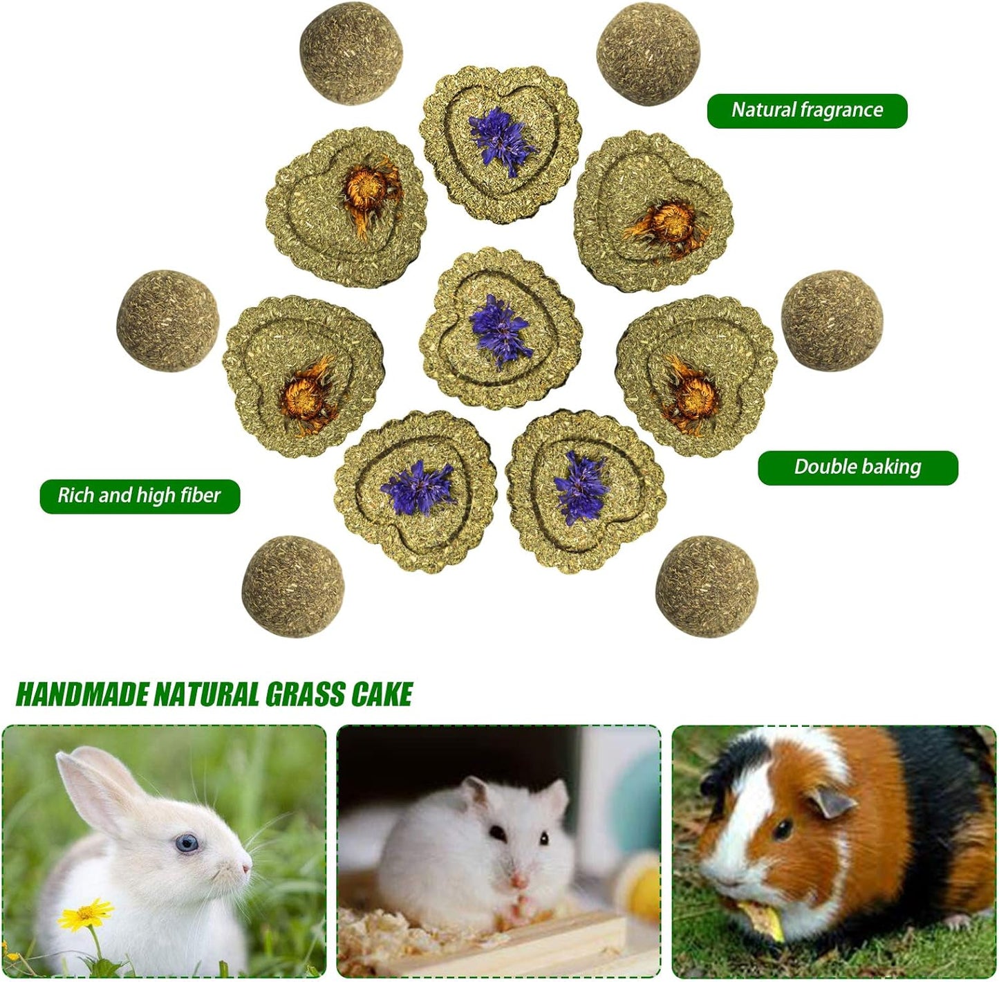 Rabbit Chew Toys, Small Animal Treats Natural Timothy Grass Chew Toys, Grass Cake&Grass Ball Pet Snacks Molar Teeth Grinding Toy Chewing for Chinchillas Hamsters Guinea Pig Dwarf Rabbit Gerbils(H01)