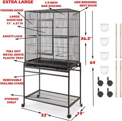 64" Extra Large Wrought Iron Breeding Flight Canary Parakeet Cockatiel Lovebird Finch Cage Side Nesting Doors Easy Clean Pull Out Tray with Removable Rolling Stand