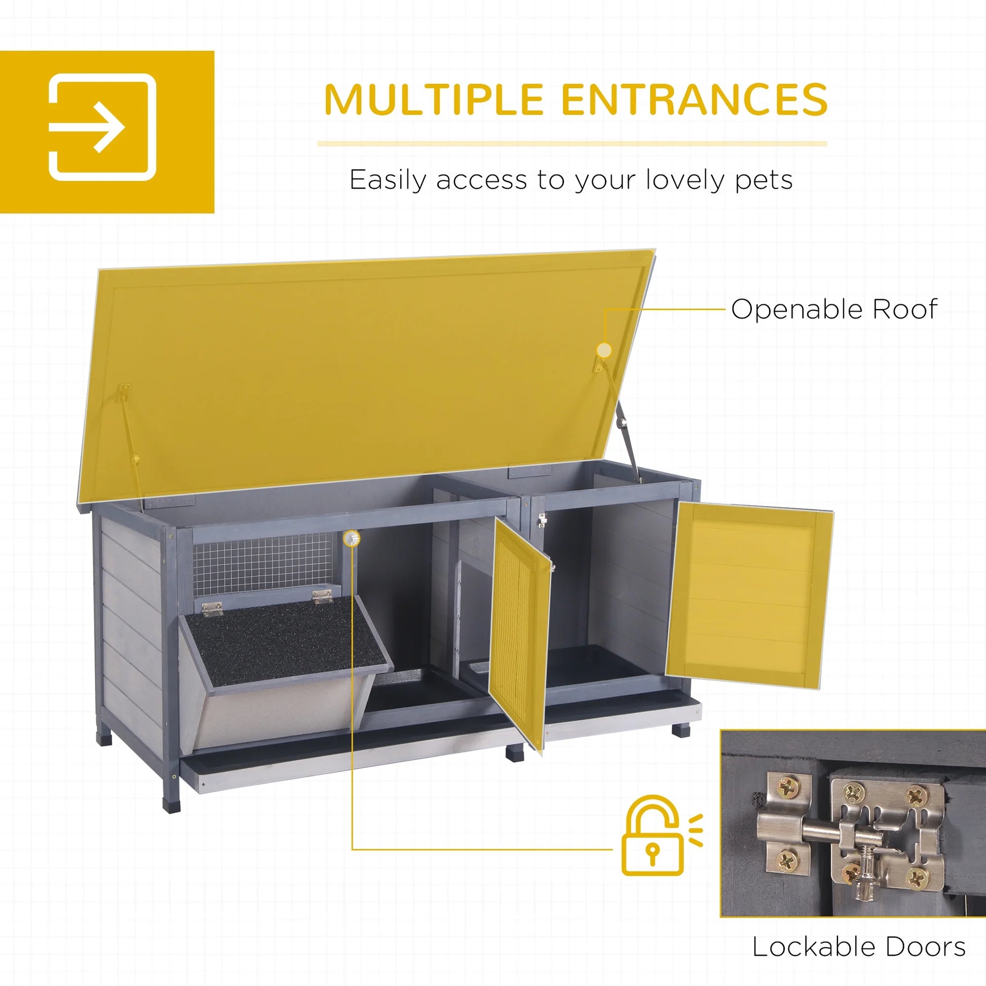 Wooden Rabbit Hutch Bunny Hutch Cage Guinea Pig with Waterproof Roof, No Leak Tray and Feeding Trough, Indoor/Outdoor, Gray