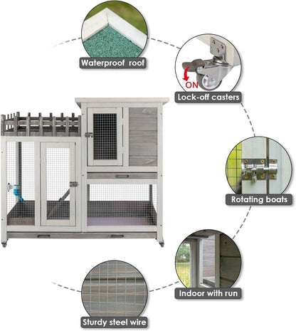 Rabbit Hutch Indoor and Outdoor Bunny Cage on Wheels Guinea Pig Cage Deep No Leak Pull Out Tray Coop Bunny Cage Guinea Pig House with Stair Waterproof