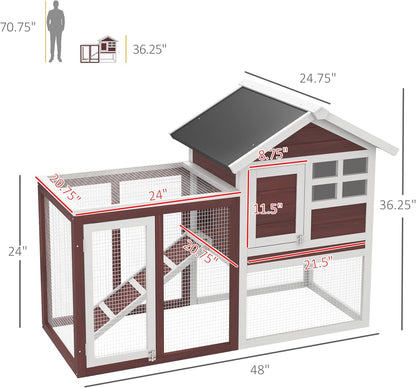 48" Wooden Rabbit Hutch Bunny Cage with Waterproof Asphalt Roof, Fun Outdoor Run, Removable Tray and Ramp, Brown