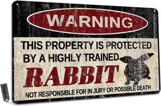 Rabbit Tin Sign, Funny Metal Sign, Vintage Wall Decor 12X8 Inch - Warning This Property Protected by Rabbit