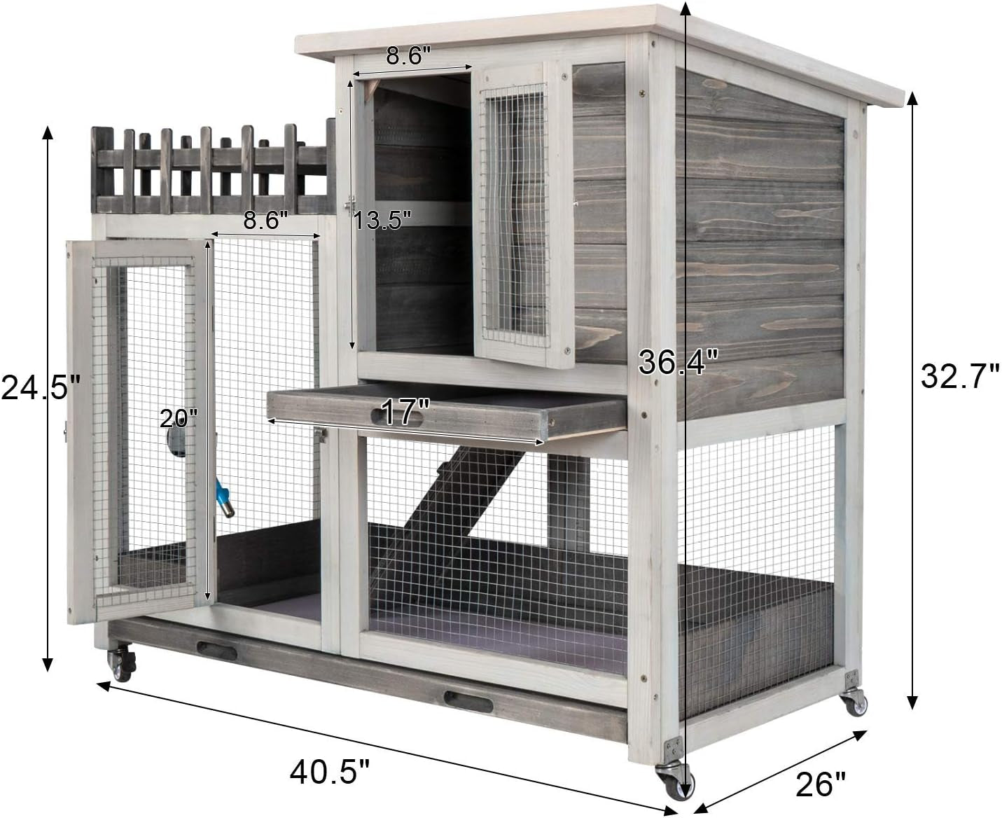 Rabbit Hutch Indoor and Outdoor Bunny Cage on Wheels Guinea Pig Cage Deep No Leak Pull Out Tray Coop Bunny Cage Guinea Pig House with Stair Waterproof