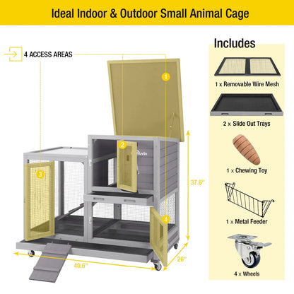 Wooden Bunny Hutch Indoor- Outdoor Rabbit Guinea Pig Cage for Small Animals with Exclusive Two Trays & Bottom Wire Mesh (Grey)