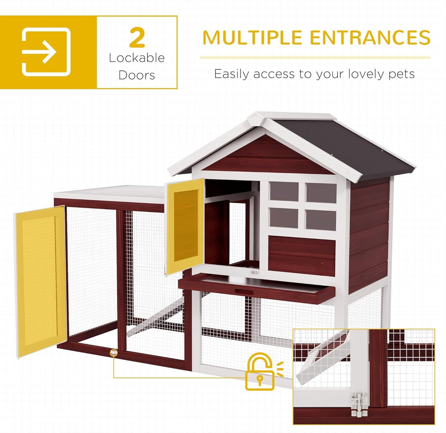 48" Wooden Rabbit Hutch Bunny Cage with Waterproof Asphalt Roof, Fun Outdoor Run, Removable Tray and Ramp, Brown