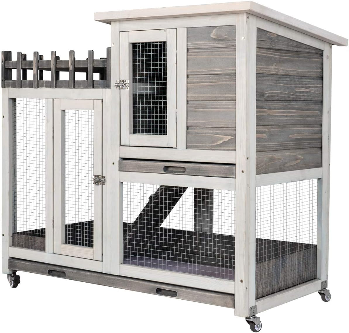 Rabbit Hutch Indoor and Outdoor Bunny Cage on Wheels Guinea Pig Cage Deep No Leak Pull Out Tray Coop Bunny Cage Guinea Pig House with Stair Waterproof