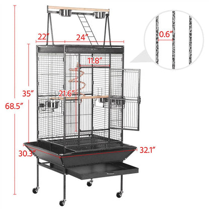 68.5'' H Metal Rolling Bird Cage Parrot Cage,Black