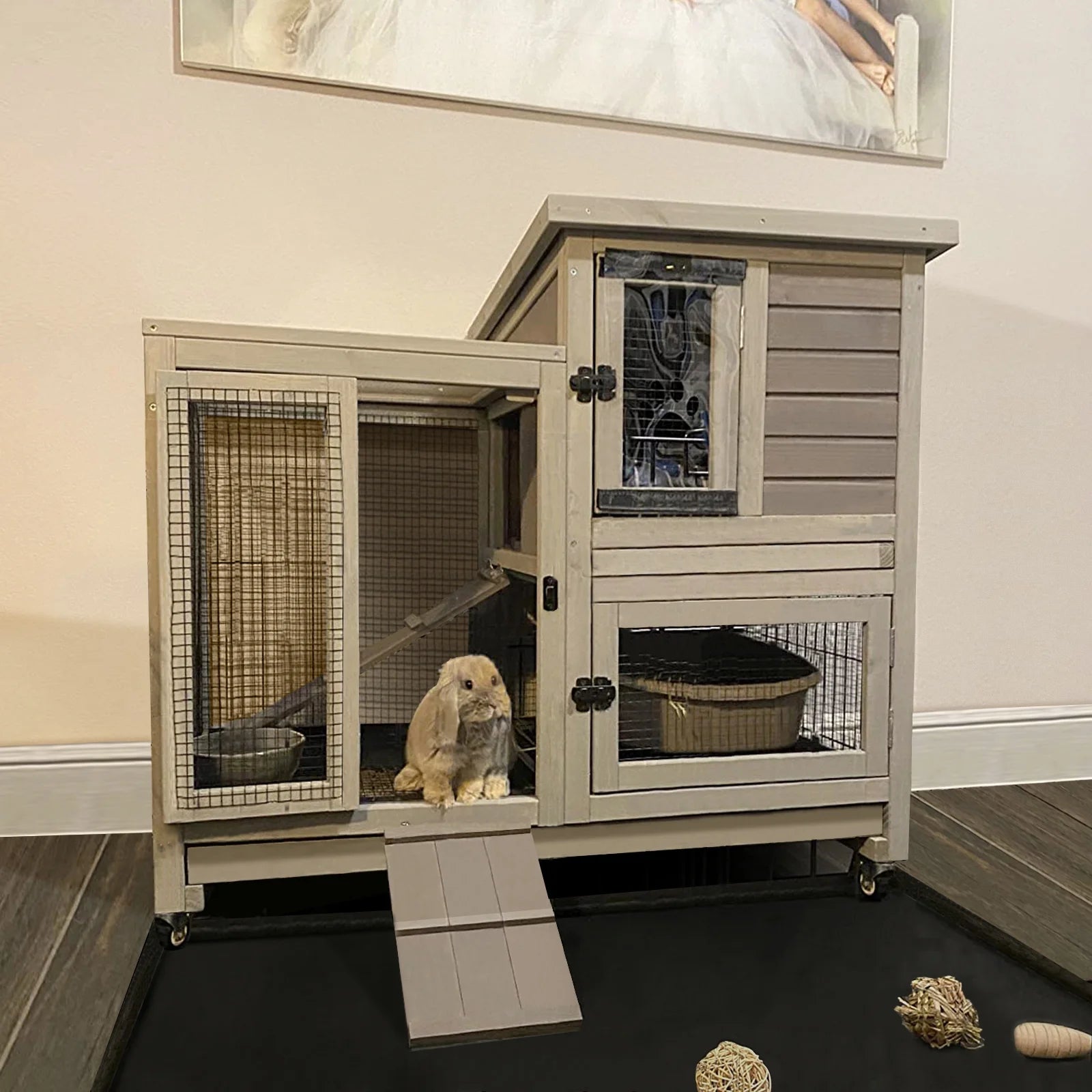 Wooden Bunny Hutch Indoor- Outdoor Rabbit Guinea Pig Cage for Small Animals with Exclusive Two Trays & Bottom Wire Mesh (Grey)