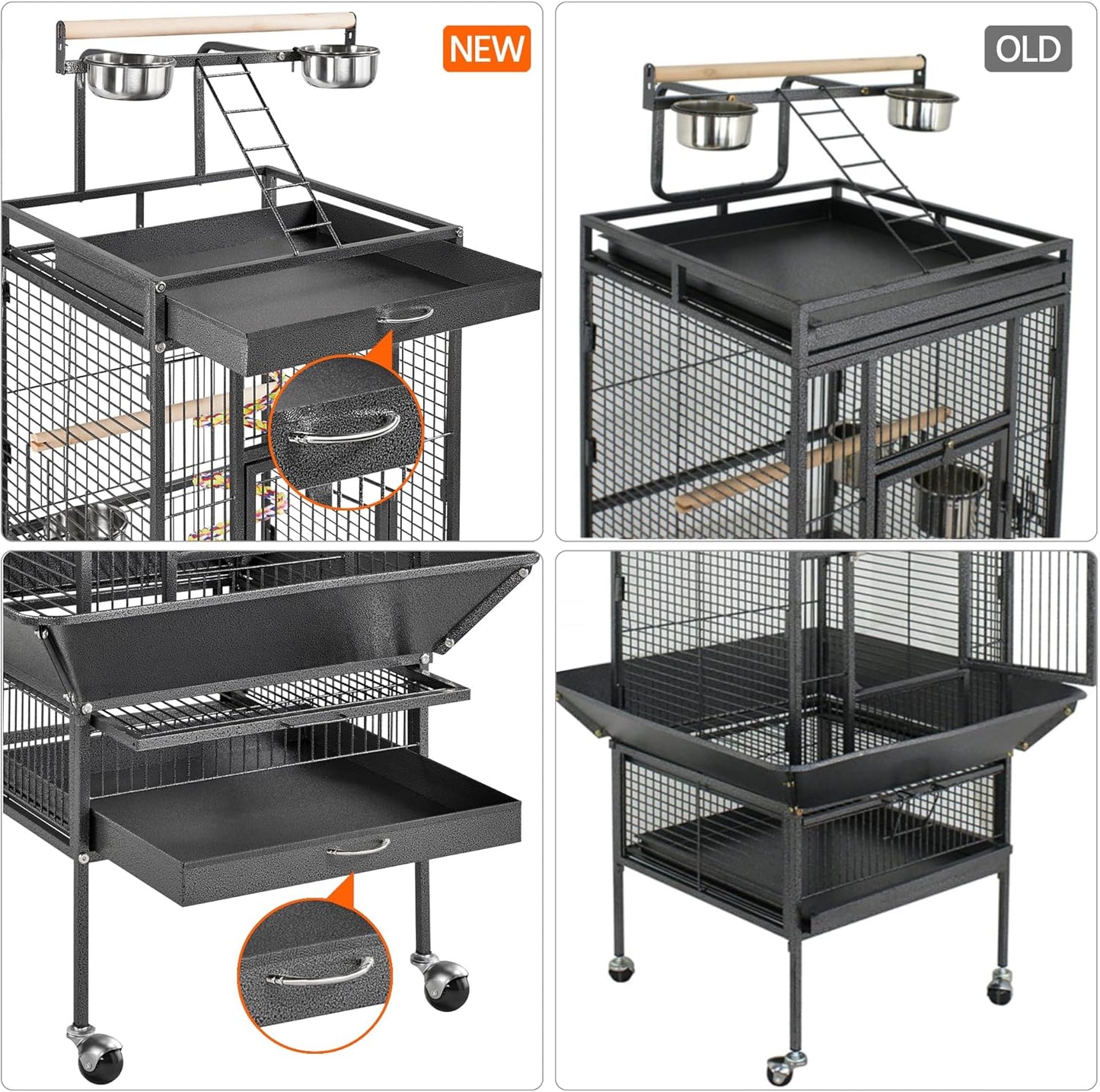 61-Inch Playtop Wrought Iron Large Parrot Bird Cages with Rolling Stand for Cockatiels Amazon Parrot Quaker Conure Parakeet Lovebird Finch Canary Small Medium Parrot Cage Birdcage, Black