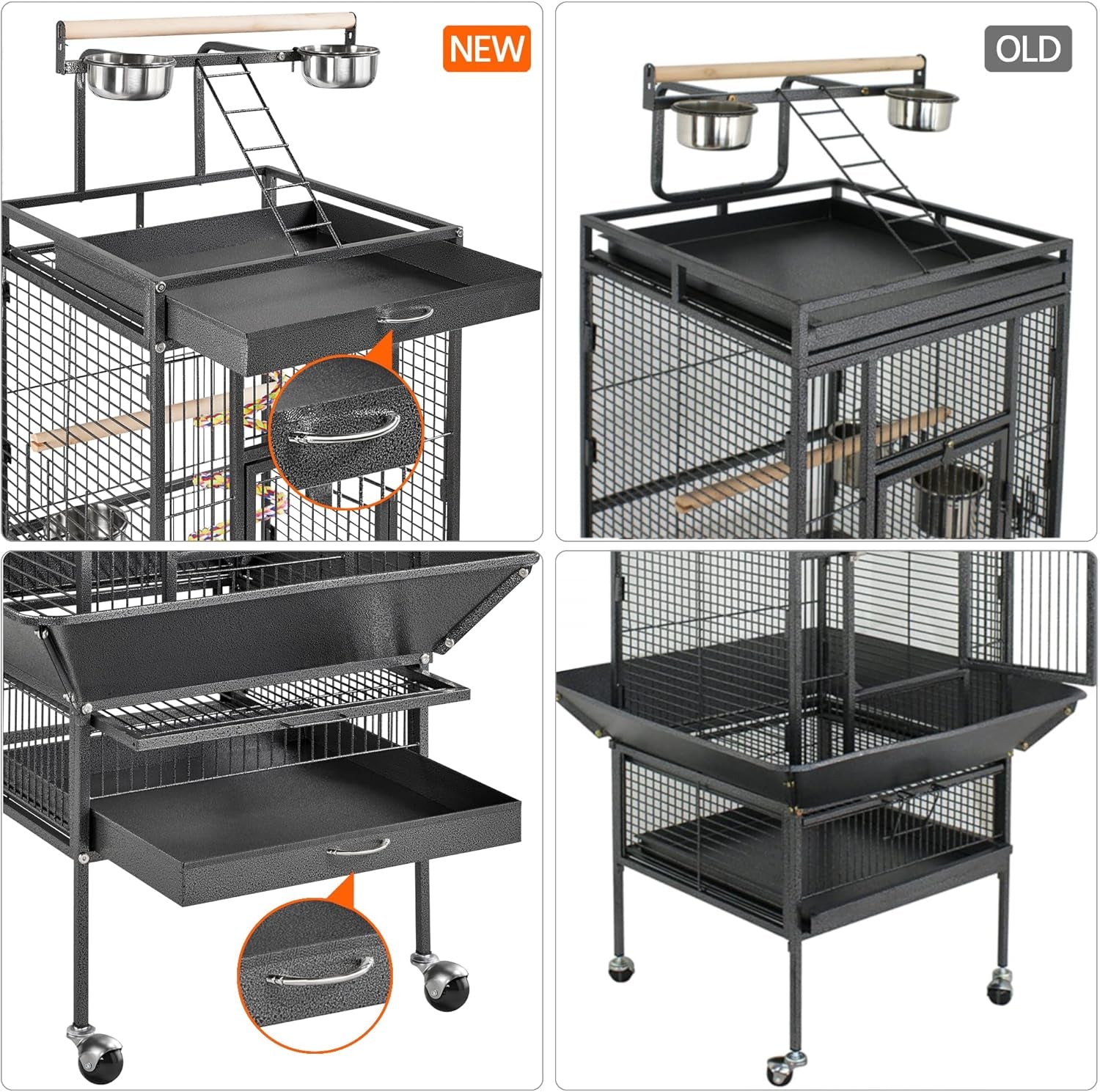 61-Inch Playtop Wrought Iron Large Parrot Bird Cages with Rolling Stand for Cockatiels Amazon Parrot Quaker Conure Parakeet Lovebird Finch Canary Small Medium Parrot Cage Birdcage, Black