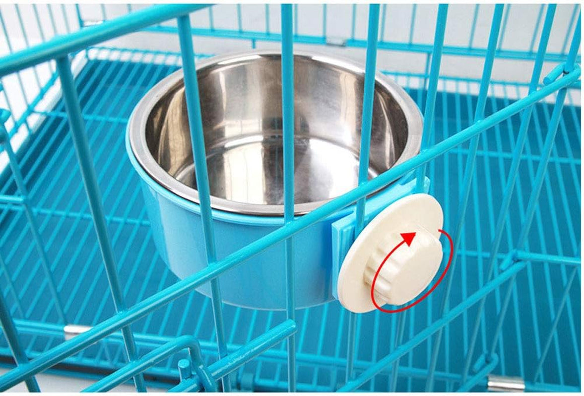 Dog Bowl Feeder Pet Puppy Food Water Bowl, 2-In-1 Plastic Bowl & Stainless Steel Bowl, Removable Hanging Cat Rabbit Bird Food Basin Dish Perfect for Crates & Cages, Blue