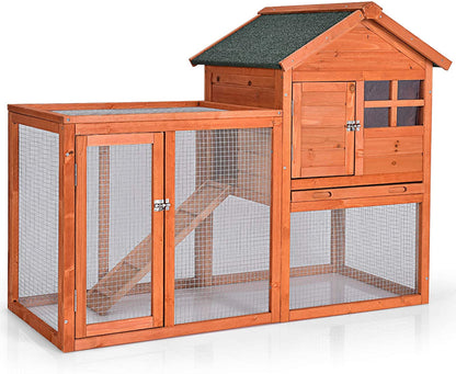 Rabbit Hutch, Indoor Outdoor Bunny Cage with Run, Wooden Rabbit Cage with Waterproof Roof & Pull Out Tray, Chicken Coop Pet House for Rabbits, Chicken and Guinea Pigs (Natural)