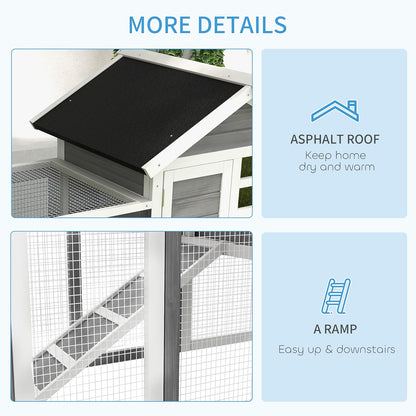 48" Wooden Rabbit Hutch Bunny Cage with Waterproof Asphalt Roof, Fun Outdoor Run, Removable Tray and Ramp, Grey