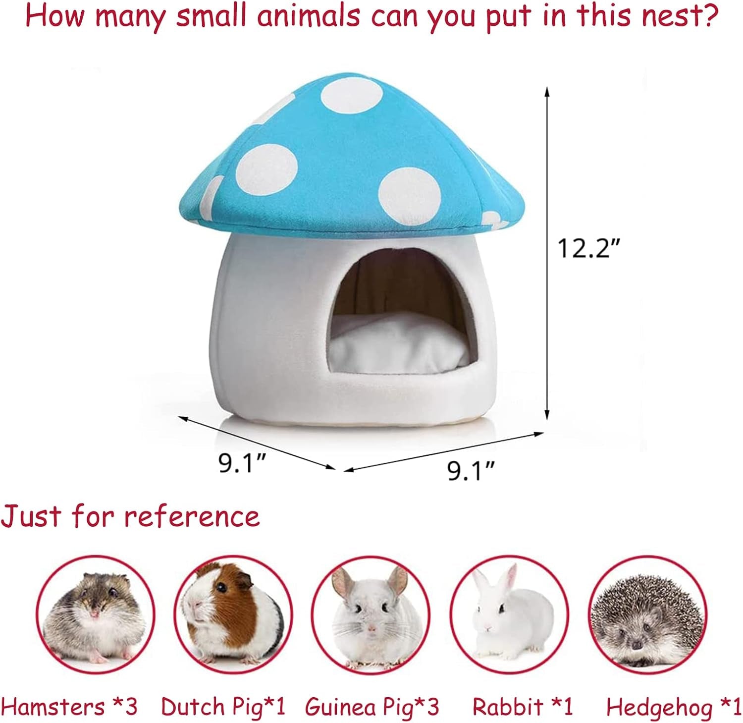 Warm Small Pet Animals Bed Dutch Pig Hamster Nest Hedgehog Rat Chinchilla Guinea Habitat Mini House, Blue Mushroom