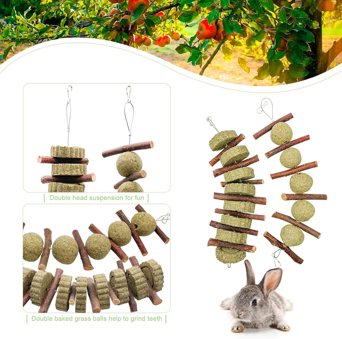 Small Animal Chew Toys, Apple Sticks Grass Cake&Ball Bunny Pet Tooth Chew Toys, Pet Snacks Toys for Rabbits, Chinchilla, Hamsters, Guinea Pigs, Gerbils, Mini Macaws, Parrots (Style 3)