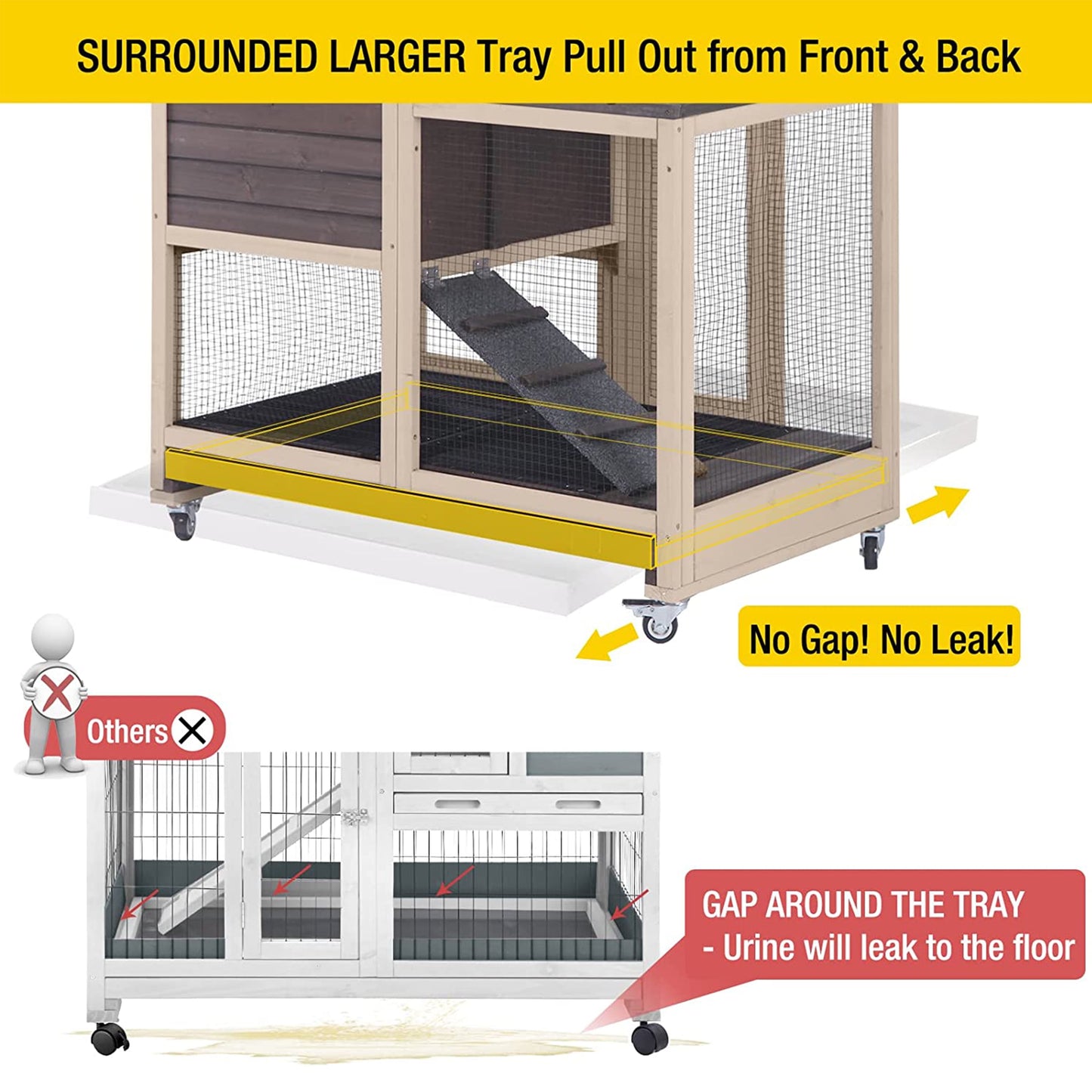 Wooden Rabbit Hutch with Two Slide Tray Outdoor Bunny Cage Indoor Guinea Pig Habitat Pet House for Small Animals - Coffee