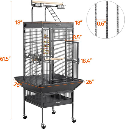 61-Inch Playtop Wrought Iron Large Parrot Bird Cages with Rolling Stand for Cockatiels Amazon Parrot Quaker Conure Parakeet Lovebird Finch Canary Small Medium Parrot Cage Birdcage, Black