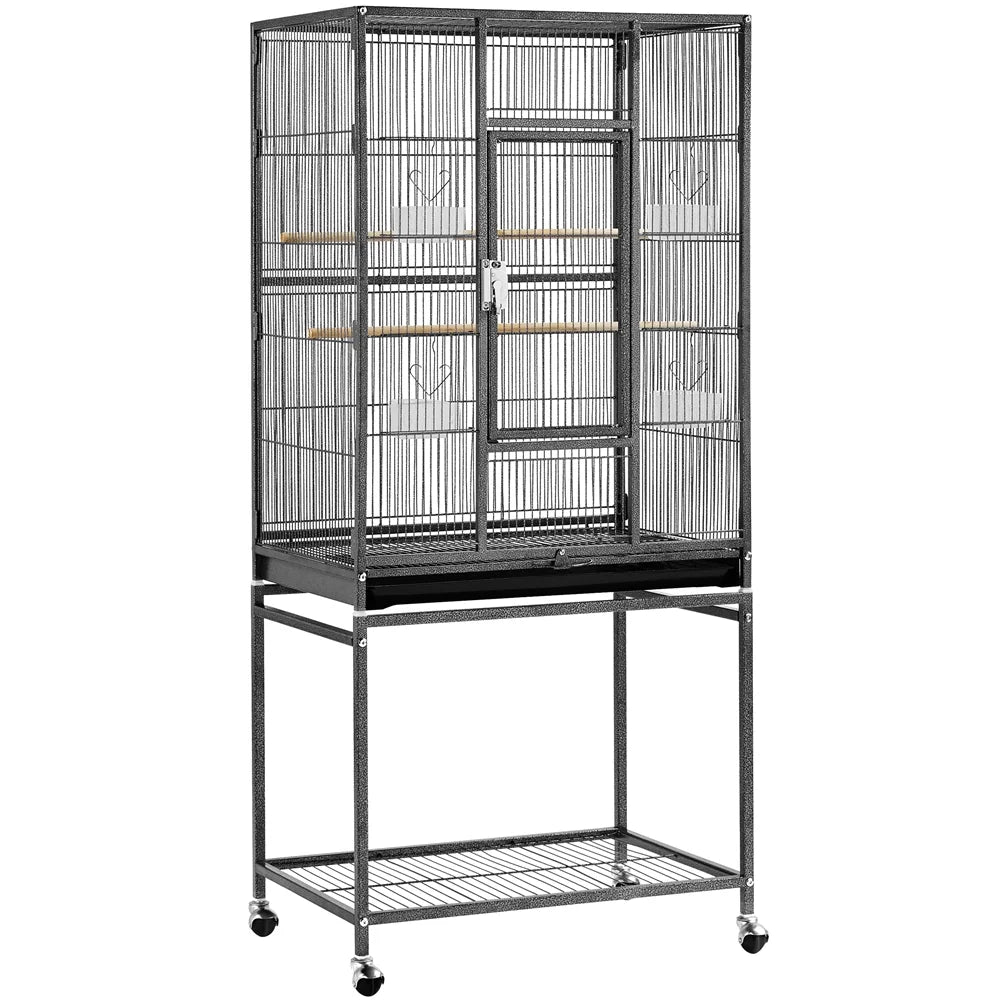 54"H Large Rolling Metal Pet Cage for Birds or Small Animal, Black