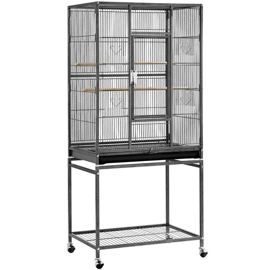 54"H Large Rolling Metal Pet Cage for Birds or Small Animal, Black