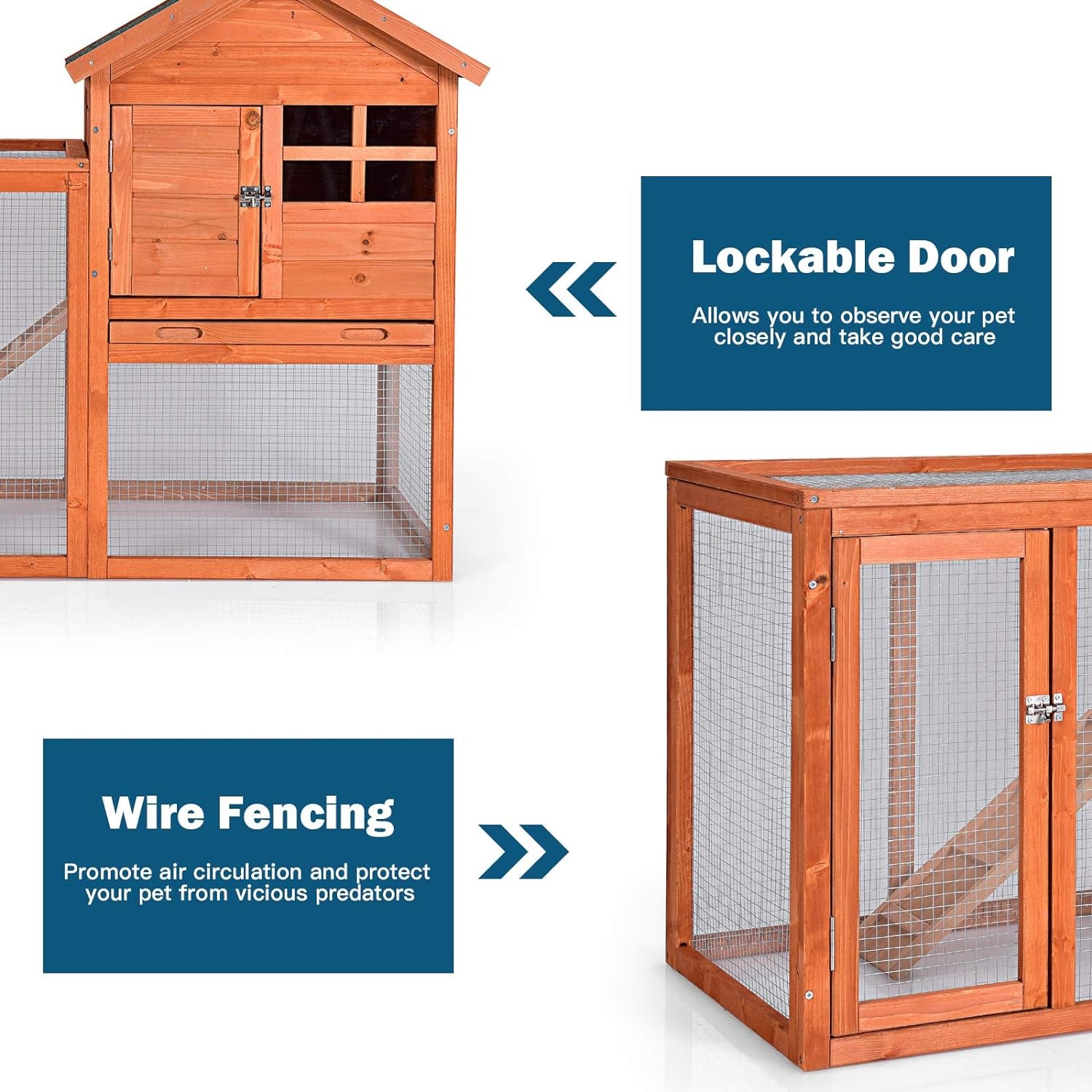 Rabbit Hutch, Indoor Outdoor Bunny Cage with Run, Wooden Rabbit Cage with Waterproof Roof & Pull Out Tray, Chicken Coop Pet House for Rabbits, Chicken and Guinea Pigs (Natural)