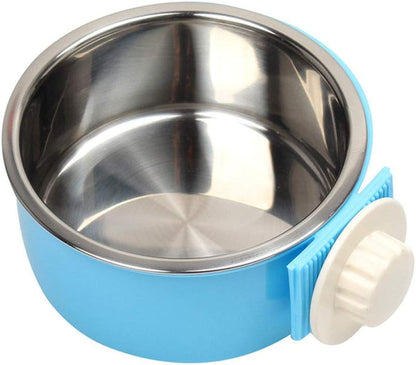 Dog Bowl Feeder Pet Puppy Food Water Bowl, 2-In-1 Plastic Bowl & Stainless Steel Bowl, Removable Hanging Cat Rabbit Bird Food Basin Dish Perfect for Crates & Cages, Blue