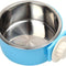 Dog Bowl Feeder Pet Puppy Food Water Bowl, 2-In-1 Plastic Bowl & Stainless Steel Bowl, Removable Hanging Cat Rabbit Bird Food Basin Dish Perfect for Crates & Cages, Blue