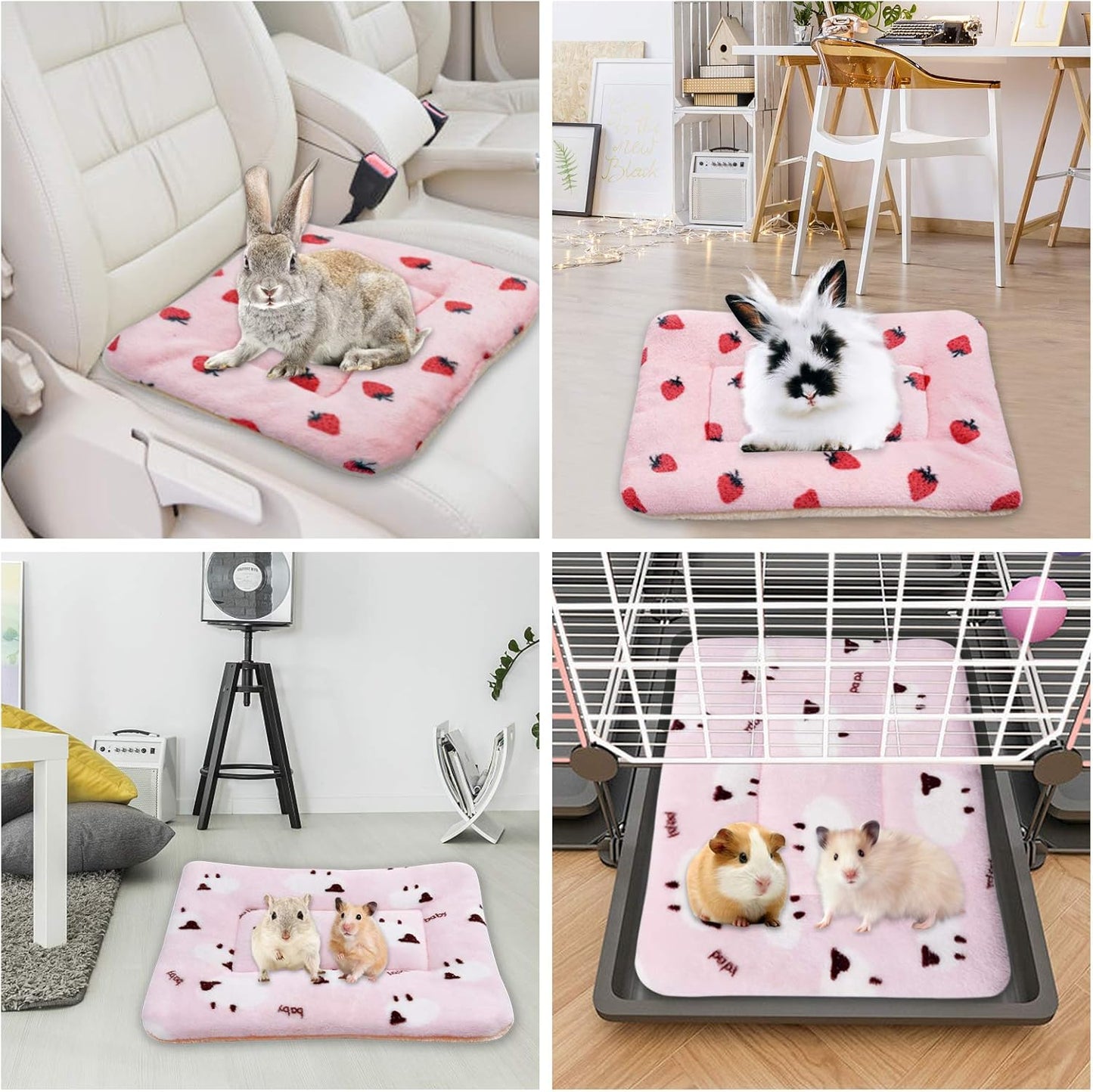 2Pcs Small Animal Plush Bed, Guinea Pig Hamster Rabbit Bed Mat for Bunny,Chinchilla,Squirrel,Hedgehog 12X14Inch (Strawberry&Sheep)