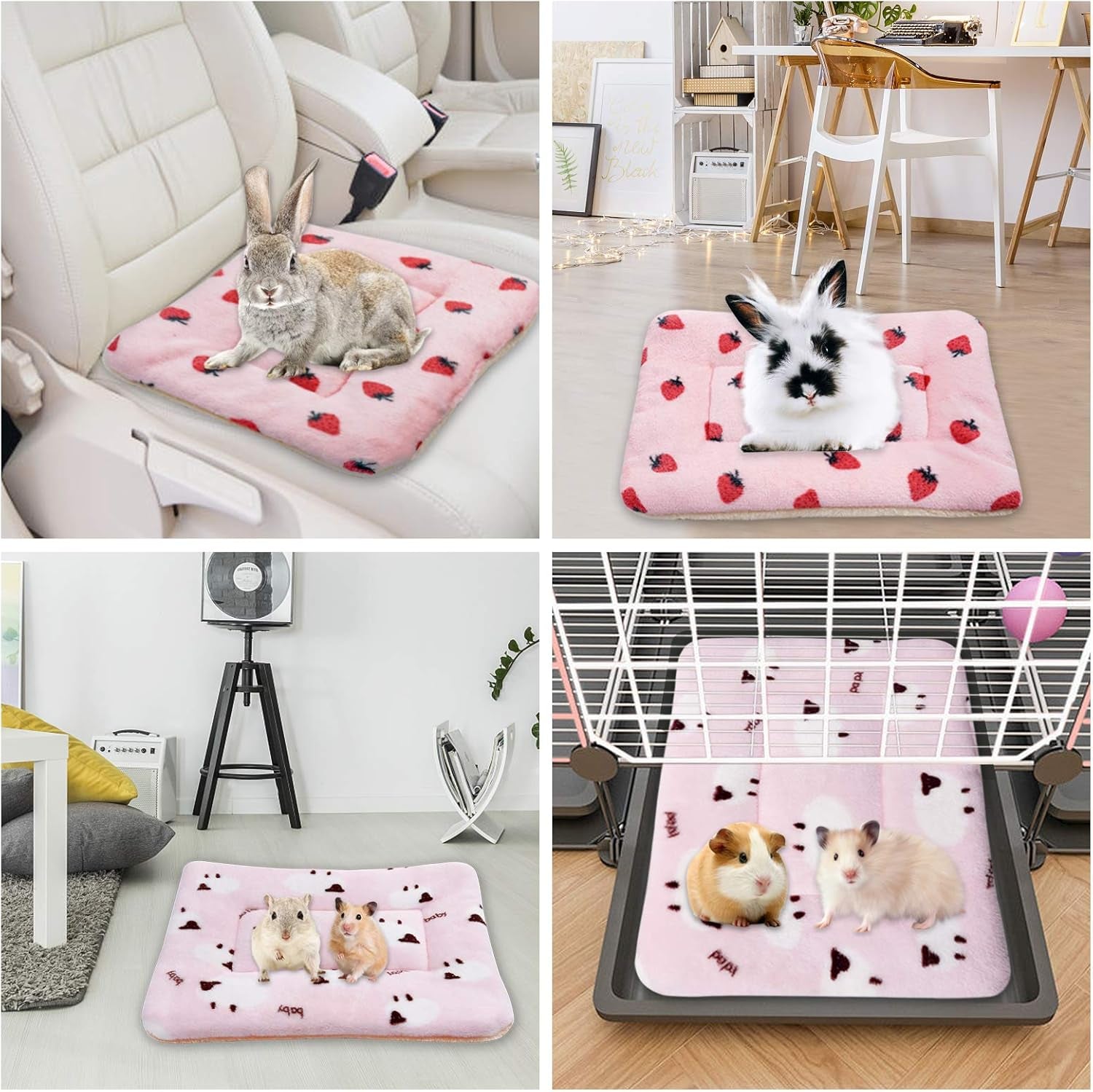 2Pcs Small Animal Plush Bed, Guinea Pig Hamster Rabbit Bed Mat for Bunny,Chinchilla,Squirrel,Hedgehog 12X14Inch (Strawberry&Sheep)
